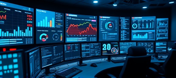 cutting-edge PPC campaign, incisive, launching, photorealistic, high-tech command center with digital dashboards, highly detailed, live updates flashing, superior resolution, deep blues and whites, glowing LED lights, shot with a 24mm wide-angle lens.