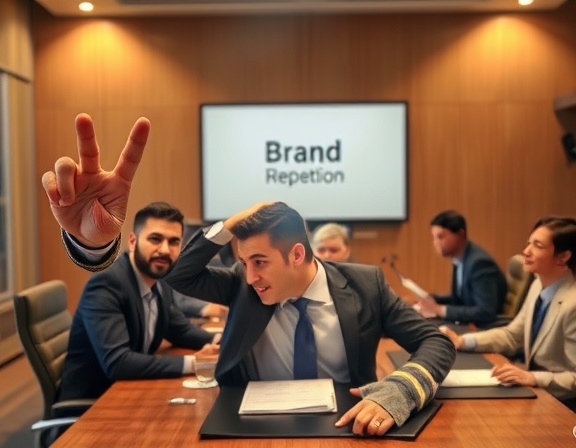 impactful brand reputation, proud expression, highlighting brand values, photorealistic, corporate boardroom with executives, highly detailed, brand logos and reports visible, high resolution, warm earth tones, soft ambient lighting, shot with a 50mm lens.