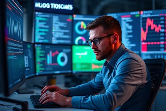 innovative blogging tools, thoughtful expression, researching online, photorealistic, in a tech-savvy workspace with multiple screens displaying data, highly detailed, digital graphics, narrow depth of field, vibrant colors, LED lighting, shot with a 35mm lens.