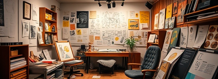 visionary marketing strategy, inspired expression, sketching concepts, photorealistic, artistic studio filled with inspiration boards, highly detailed, sketches and notes scattered dynamically, shot with a Leica 28mm lens, warm colors, diffused lighting