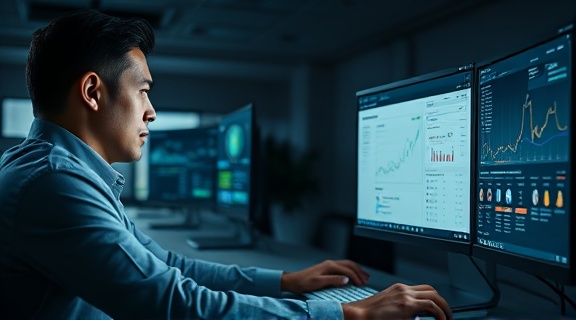 efficient reputation management, determined expression, navigating online reviews, photorealistic, sleek digital workspace with multiple monitors, highly detailed, social media analytics on screen, high resolution, neutral colors, moody overhead lighting, shot with a 70-200mm lens.