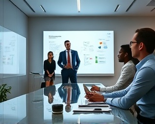 insightful marketing expertise, focused expression, strategizing campaign, photorealistic, sleek boardroom with team collaboration, highly detailed, interactive whiteboards and brainstorming elements, shot with a Nikon 85mm lens, soft tones, ambient lighting