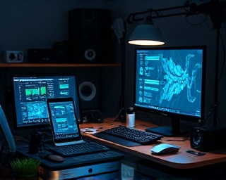 innovative digital strategy, thoughtful expression, crafting solutions, photorealistic, creative workspace with tech gadgets, highly detailed, gadgets and digital interfaces in action, shot with a Panasonic 25mm lens, cool tones, studio lighting