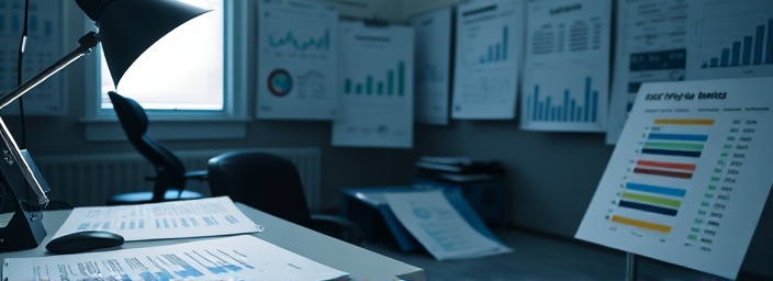 meticulous PPC budget, thoughtful, calculating, photorealistic, private office filled with financial reports, highly detailed, highlighted spreadsheets, extreme clarity, monochromatic palette, focused desk lamp light, shot with a 105mm macro lens.