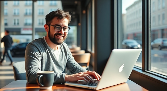 successful blogging, satisfied expression, typing a new post, photorealistic, in a stylish urban cafe with a view of the street, highly detailed, coffee cup nearby, crisp clarity, earthy tones, afternoon sunlight through large windows, shot with a 24mm lens.