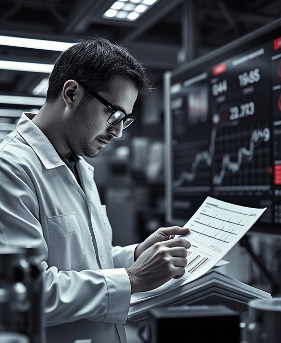 expert marketing analytics, analytical expression, interpreting reports, photorealistic, contemporary lab with data visualizations, highly detailed, graphs and metrics fluctuating in real time, shot with a Fujifilm 56mm lens, monochrome colors, fluorescent lighting