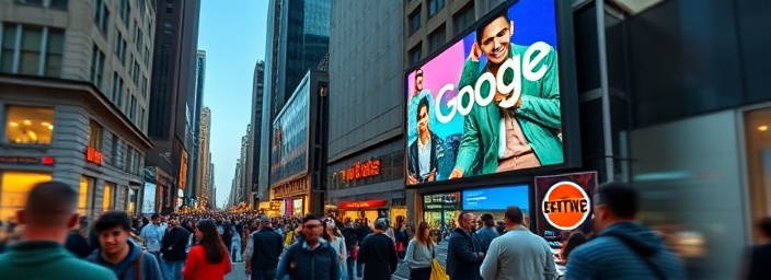 impactful Google Ads, engaging, capturing attention, photorealistic, digital billboard in a busy urban street with diverse people, highly detailed, dynamic ad animations, shutter speed 1/160, vibrant and colorful, evening lighting, shot with a wide-angle 24mm lens.