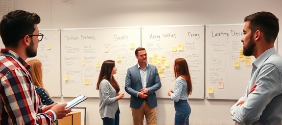 dynamic marketing strategy, insightful expression, brainstorming innovative ideas, photorealistic, creative studio with collaborative teams, highly detailed, sticky notes and whiteboards filled with concepts, high resolution, pastel tones, soft studio lighting, shot with a 28mm lens.