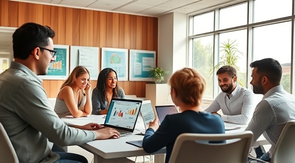 collaborative PPC management, cooperative, planning, photorealistic, spacious meeting room with diverse team, highly detailed, laptops open with colorful graphs, ultra-sharp clarity, warm tones, natural daylight through large windows, shot with a 50mm prime lens.