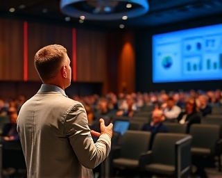 dynamic marketing strategy, determined expression, presenting ideas, photorealistic, large conference hall with attentive audience, highly detailed, projection screens displaying charts, shot with a Sony 35mm lens, contrasting colors, spotlight lighting