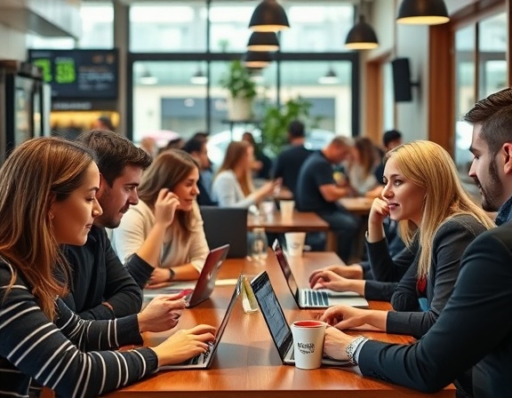interactive social media engagement, enthusiastic participants, tapping and commenting, photorealistic, bustling coffee shop with laptops and mobile phones, highly detailed, human interactions, engaging conversations, bright colors, warm natural lighting, shot with a 35mm lens.