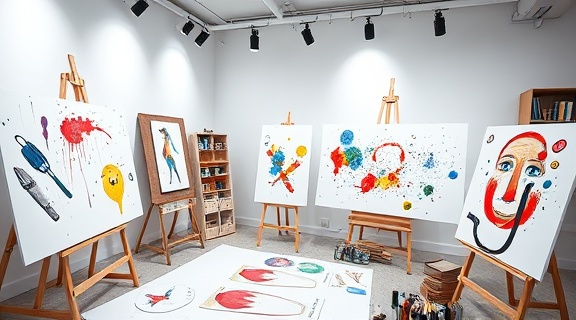 dynamic SMBs graphics, expressive, illustrating, photorealistic, art studio with expansive whiteboards, highly detailed, ink splatters and design tools, vector art, bold primary colors, illuminated by track lighting, shot with a Fujifilm 56mm f/1.2 lens