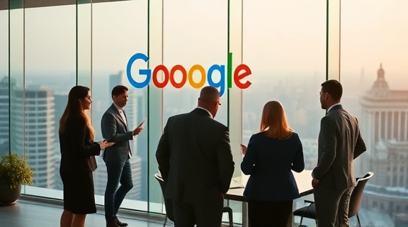 modern Google Business, enterprising, developing relationships, photorealistic, glass office building with conference room overlooking cityscape, highly detailed, business people interacting and discussing, ISO 320, natural daylight, warm tones, shot with a telephoto 70-200mm lens.