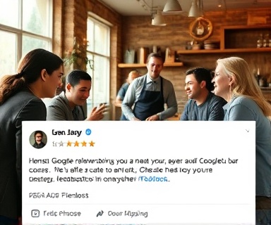honest Google Reviews, cheerful, providing feedback, photorealistic, cozy cafe with customers chatting and baristas working, highly detailed, lively expressions and gestures, ISO 200, warm wooden tones, soft window light, shot with an 85mm lens.