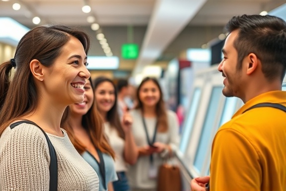 engaging customer reputation, satisfied expression, receiving positive feedback, photorealistic, retail environment with smiling customers, highly detailed, interactive kiosks and displays, high resolution, bright and cheerful colors, sharp artificial lighting, shot with a 24mm lens.