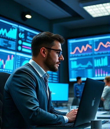 analytical social media analytics, focused analyzer, reviewing data charts, photorealistic, corporate office with large screens displaying statistics, highly detailed, graphs and numbers, orderly workspace, cool tones, bright overhead lighting, shot with a 70-200mm lens.