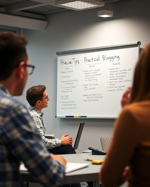 practical blogging tips, confident expression, sharing advice, photorealistic, in a modern conference room with a whiteboard filled with notes, highly detailed, people taking notes, shallow depth of field, neutral colors, soft ambient lighting, shot with an 85mm lens.