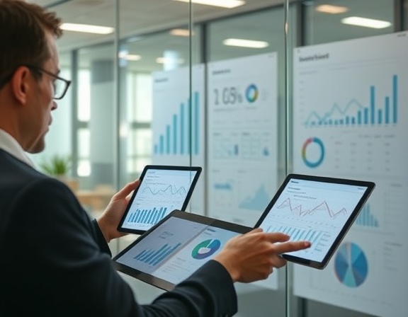 insightful PPC analytics, absorbed, evaluating, photorealistic, glass-walled office with charts and graphs, highly detailed, animated graphs on tablets, ultra-clear, muted earth tones, spot lighting, shot with a 85mm telephoto lens.