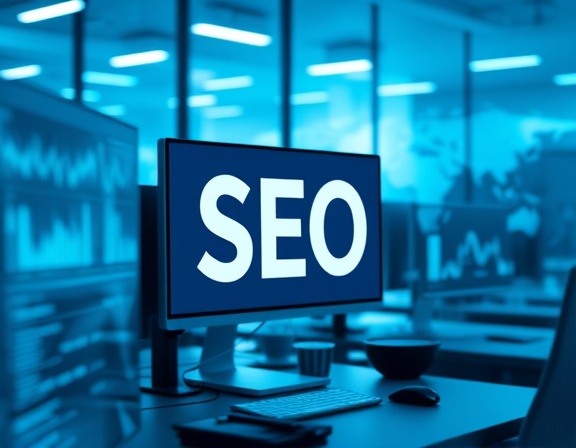 strategic Google SEO, focused, optimizing strategies, photorealistic, modern office environment with computer screens and digital interfaces, highly detailed, flowing data streams and graphs, ISO 400, cool monochrome blue, soft ambient light, shot with a 50mm prime lens.
