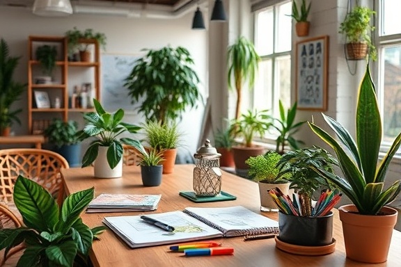 vibrant creative SMBs, imaginative, planning, photorealistic, coworking space filled with plants and art, highly detailed, sketchbooks and colorful markers, layered graphics, pastel tones, under diffused office lighting, shot with a Nikon 35mm f/1.8 lens