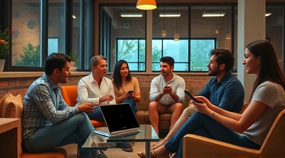 engaging social media session, interactive participants, sharing thoughts and ideas, photorealistic, urban loft with casual seating and tablets, highly detailed, lively discussion, creative flow, earthy tones, dim ambient lighting, shot with a 40mm lens.