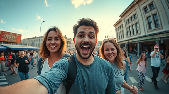emerging video trend, curious expression, influencers collaborating on viral challenges, photorealistic, open outdoor setting with urban landscapes and lively crowds, highly detailed, bustling street activity with performers, 4k ultra sharpness, vibrant and saturated hues, golden hour glow, shot with a 16mm fisheye lens.