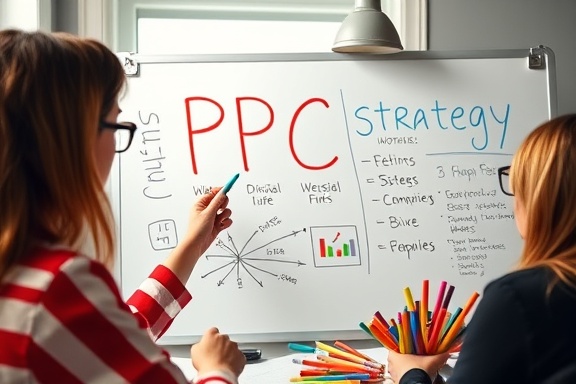 creative PPC strategy, visionary, brainstorming, photorealistic, cozy creative space with whiteboards, highly detailed, colorful markers in action, exceptional resolution, vibrant primary colors, diffused window light, shot with a 28mm wide-angle lens.