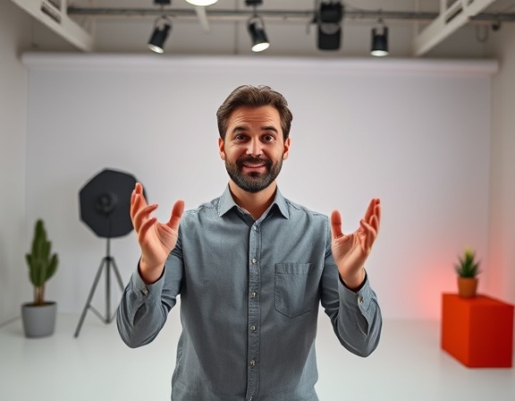 engaging video content, captivating expression, a host presenting with gestural emphasis, photorealistic, minimalist studio with customizable backgrounds and dynamic props, highly detailed, spontaneous movements and camera angles, vivid colors, bright studio lighting, shot with a 24mm wide-angle lens.