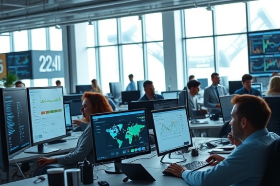 dynamic PPC management, engaged, analyzing, photorealistic, open-plan workspace with team interactions, highly detailed, scrolling data on monitors, high-definition, cool tones, natural sunlight streaming through windows, shot with a 35mm prime lens.