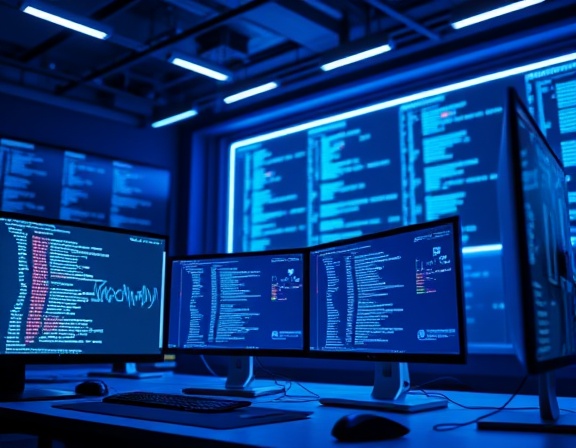 futuristic website design, visionary, collaborating, photorealistic, digital workspace with high-end computers, highly detailed, monitors reflecting lines of code, vector graphics, electric blue color scheme, artificial daylight, shot with a Sony 85mm f/1.4 GM lens