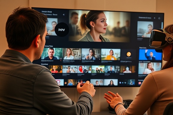 diverse video platform, thoughtful expression, users navigating through various features and playlists, photorealistic, sleek modern interface with interactive elements and virtual reality integration, highly detailed, animated buttons and social interactions, crisp high definition, warm tones, ambient backlighting, shot with a 70-200mm telephoto lens.