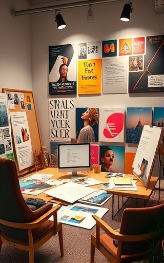 strategic social media branding, visionary marketer, planning and ideating, photorealistic, creative studio with branding materials, highly detailed, diverse concepts and themes, mood boards, rich colors, soft spotlighting, shot with an 85mm lens.