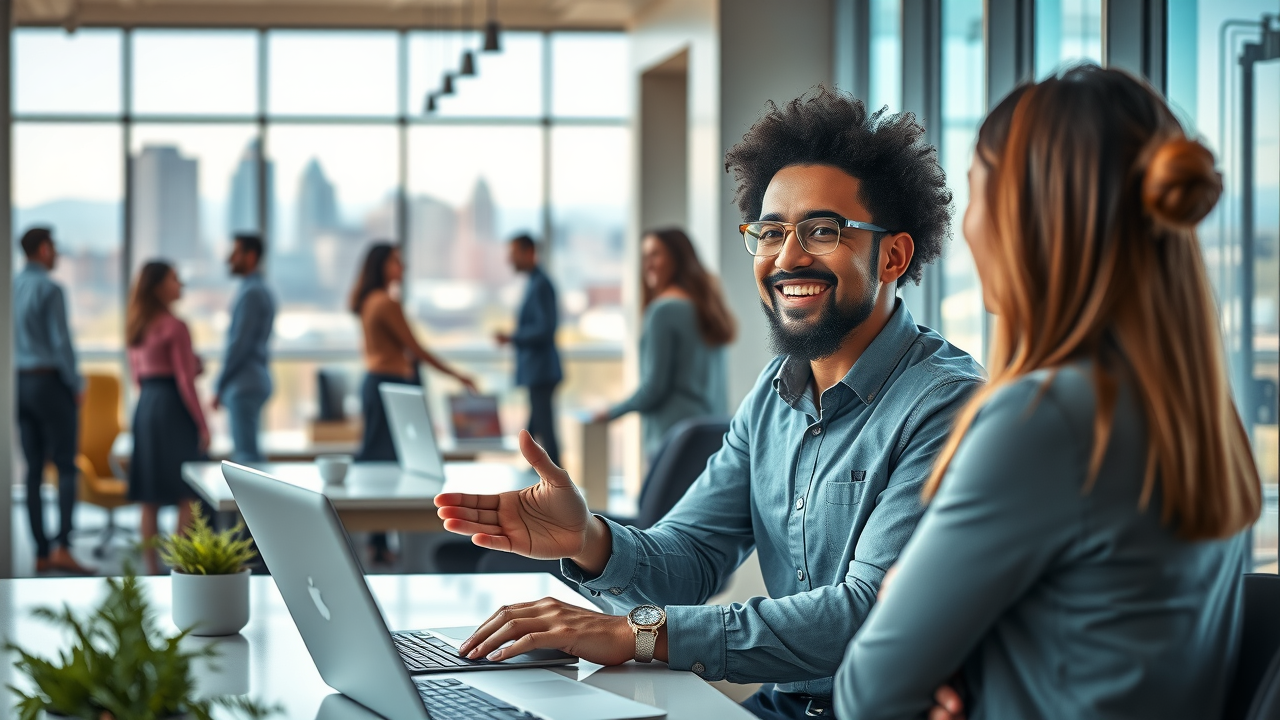 Denver business owner mastering local SEO in a vibrant office with Denver skyline, interacting with a customer