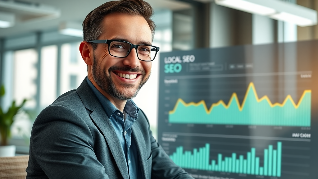 Denver business owner tracking local SEO ROI on a digital dashboard with growing search results metrics