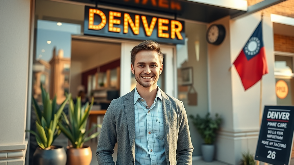 Denver business storefront with professional owner showcasing optimized Google Business Profile and local signage