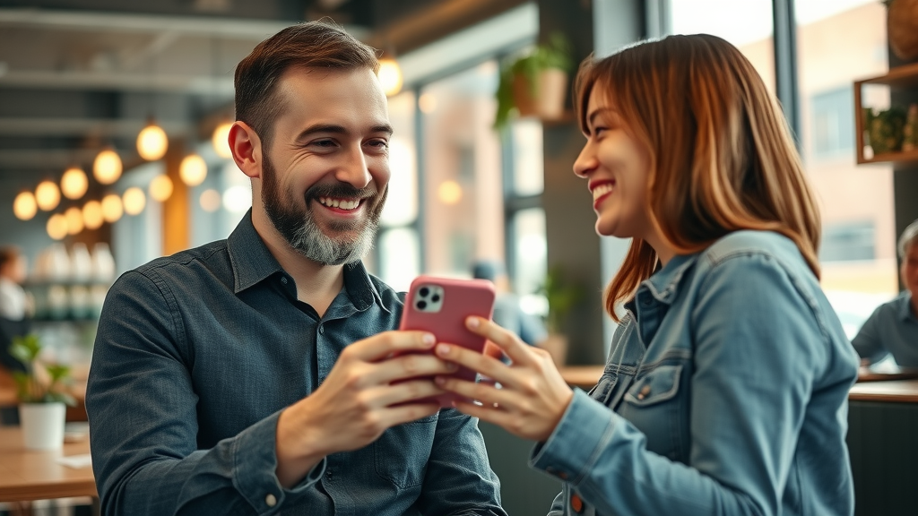 Denver business owner receiving a positive Google Maps review from a happy customer in a cozy local café