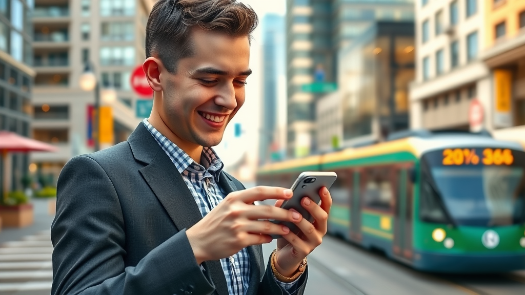 Millennial professional in Denver checking Google Maps business ranking on a mobile device amid vibrant city activity