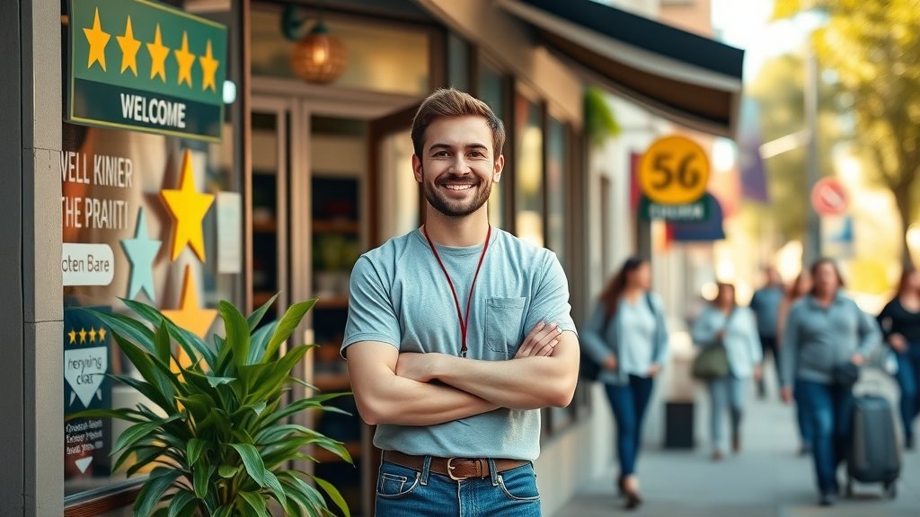 how to get more 5-star reviews - Hopeful, welcoming business owner standing outside their well-maintained shop, five-star symbols, urban street, midday sunlight