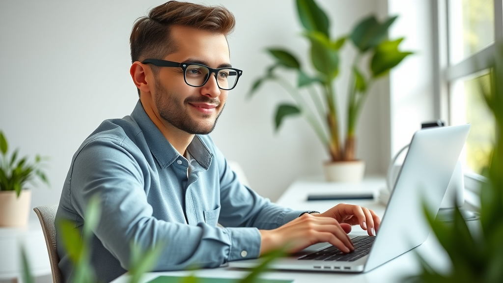 how to get more 5-star reviews - Business owner updating Google business profile on laptop, modern workspace, digital map on screen