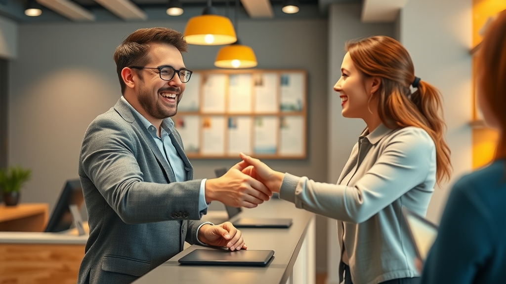 how to get more 5-star reviews - Delighted customer shaking hands with friendly staff at service desk, modern reception, review request moment