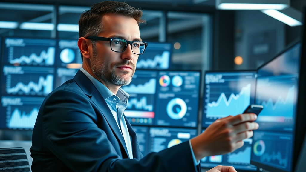 how to get more 5-star reviews - Marketing manager checking analytics dashboard, online review charts, blue-white digital office