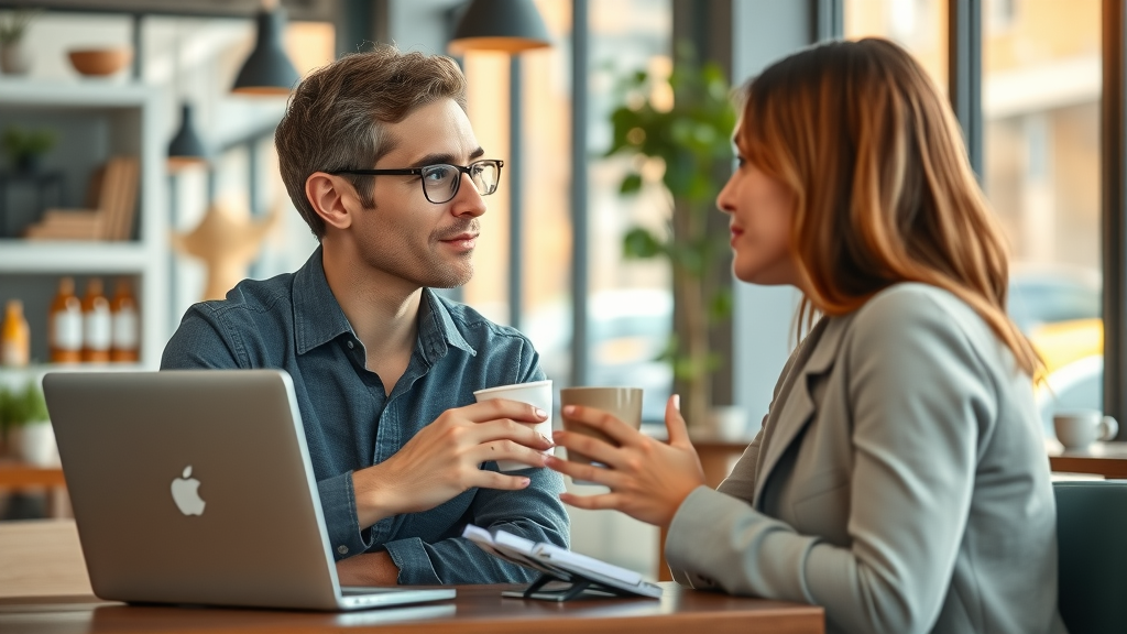how to get more 5-star reviews - Empathetic customer service rep discussing feedback with customer over coffee, urban cafe
