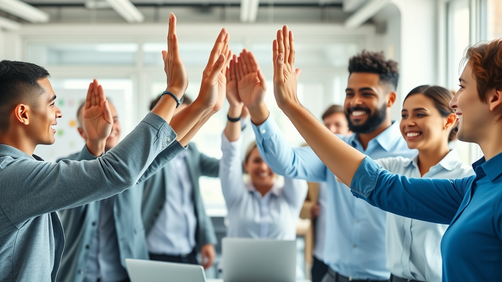 how to get more 5-star reviews - Diverse small business team high-fiving in modern workspace, celebrating google reviews growth