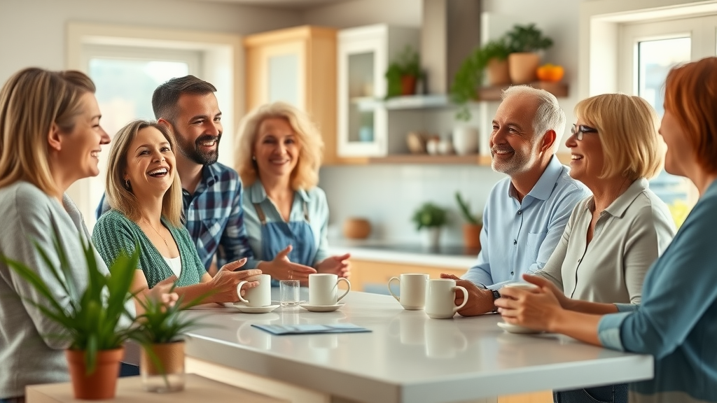 Group of cheerful homeowners discusses recent home renovations, illustrating the impact of local seo for contractors in a modern kitchen setting.