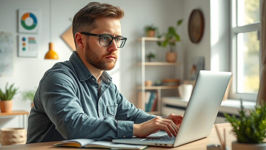 Professional contractor using a laptop to manage local seo strategy, surrounded by a notepad and local map in a modern home office.