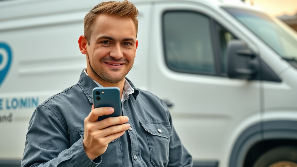 Confident contractor holding smartphone displaying google business profile with local map pin, illustrating google business optimization for local seo for contractors.