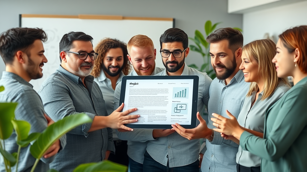 Contractor team reviews blog post drafts on a tablet, highlighting the power of blog posts and content strategies in local seo for contractors.