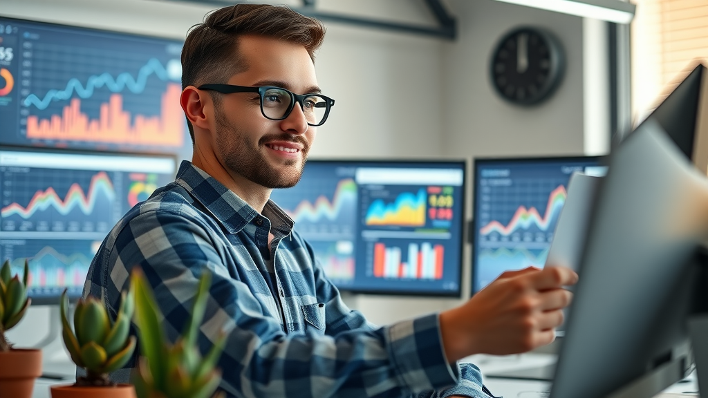 Young contractor studies local seo analytics dashboard, viewing site traffic, local search statistics, and google business insights.