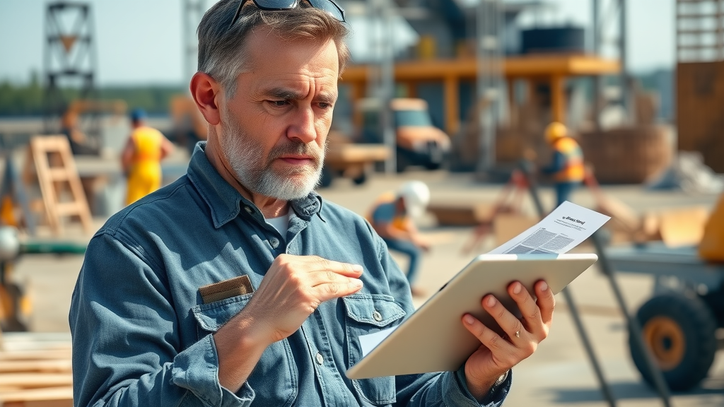 Mature contractor reviews a SEO checklist and website on a tablet at job site, highlighting pitfalls to avoid in local seo for contractors.