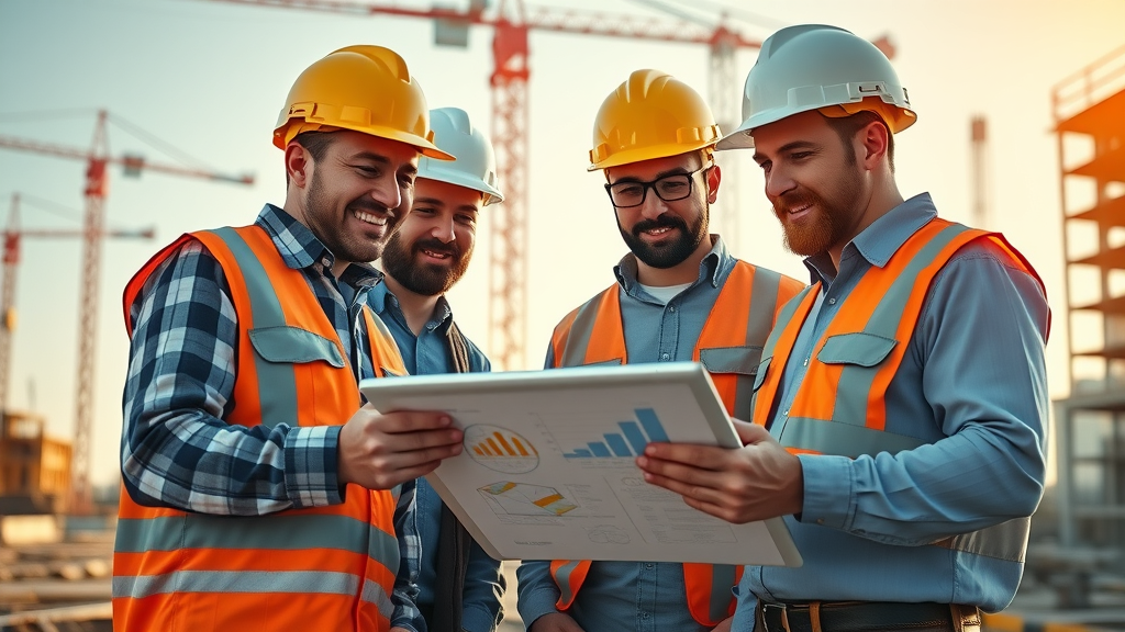 construction professionals collaborating with digital AI tools on a construction site reviewing project management software and data overlays - ai for contractors